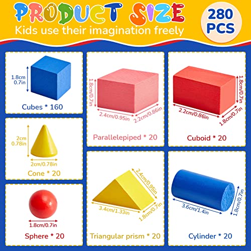 Hiboom 280 Pcs 3D Shapes for Teaching Wood Geometric Solids 3D Shapes Manipulatives Mini Colorful Blocks for Back to School Classroom Office Supplies Kindergarten Preschool Education