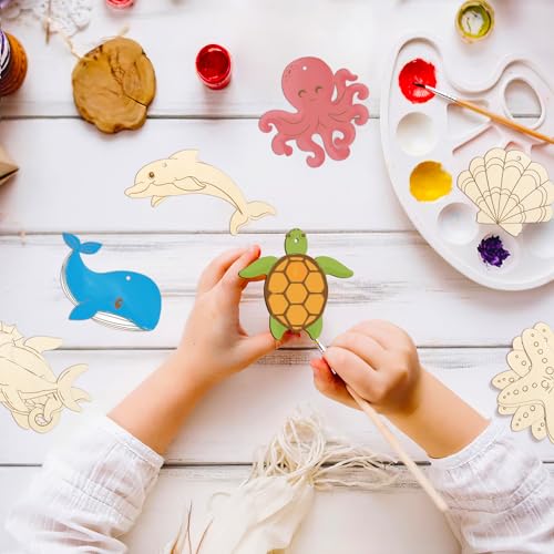 80PCS Wooden Sea Ornaments to Paint, 10 Styles DIY Blank Unfinished Wood Ocean Whale Seahorse Octopus Starfish Dolphin Turtle Shark Crab Cutouts Ornament for Crafts Hanging Decorations Summer - color: Sea Cutouts