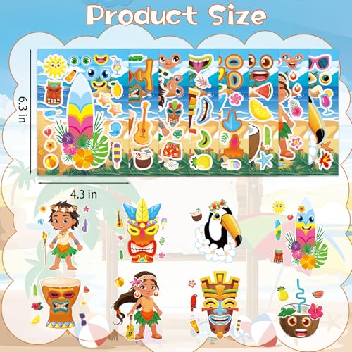 24 Sheets Tiki Make a Face Sticker, Make Your Own Tropical Hawaii Mix and Match Stickers Summer Stickers for Boy Girls Home School Classroom Crafts Activities Summer Party Favors - style: Hawaii