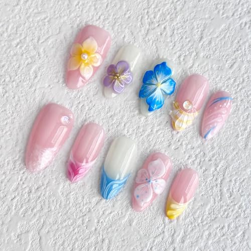 Luxury Press on Nails Medium Almond Handmade 3D Unique Reusable ABS Material Fake Nails French Tip False Nails with Designs Hawaii Plumeria Art Petal Glossy Glue on Nails Thick Acrylic Nails(M) - color: N06, size: M