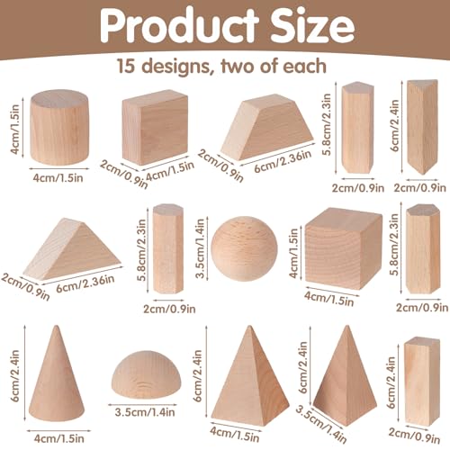 30 Pcs 3D Shapes Wooden Shapes Large Size Burlywood Geometric Solids Color Geometric Blocks Set Learning Pattern Blocks Solid for Preschool Classroom Elementary Home School