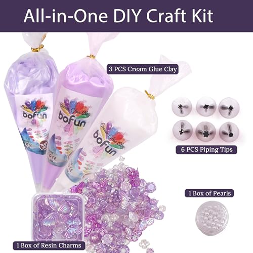 Purple Whipped Cream Glue Handmade Set, Ideal for Miniature, Jewelry & DIY Phone Cases, with 3 Decoden Cream, 6 Tips, Pearl& Resin Packs (Purple/Pearl) - color: Purple/ Pearl