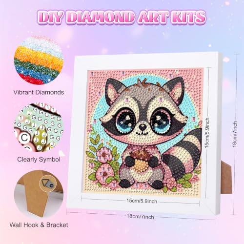 GHHKUD Cute Raccoon Diamond Art Painting Kits for Kids with Frame, Animal Diamond Art Adults Kids Crafts for Ages 4-6-8-12, Easy to DIY Gifts Package Home Wall Decor 7x7inch - color: Cute Raccoon
