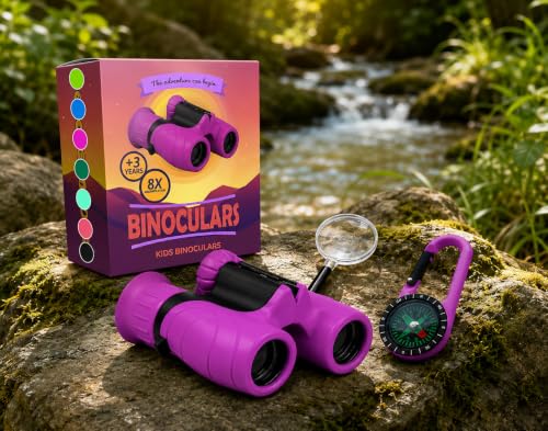 Binoculars for Kids – Perfect Toy for Little Boys and Girls – Extensive Set Incl. Magnifying Glass & Compass – Powerful Magnification 8X21 – 3 to 12 Year Old Kids for Toddler - color: Purple