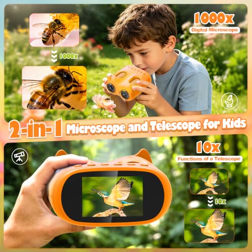 2-in-1 Kids Microscope & Telescope, 1000X, 2" IPS(Yellow) - color: Yellow