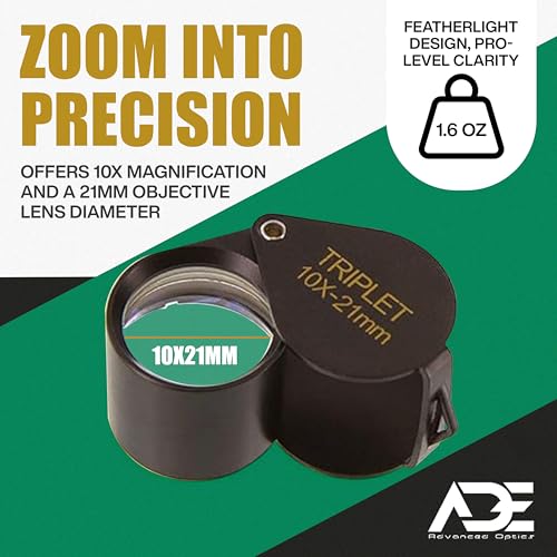 Ade Advanced Optics 10x21TB-A Triplet Professional Loupes – Jewelers Loupe for Jewelry, Coins, Gemstones, Trichomes, Geology, Diamond Inspection, Pocket Magnifier Tool for Watch, Plants, Slides