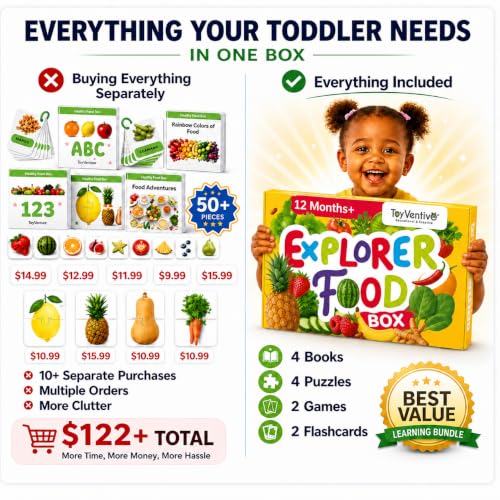 TOYVENTIVE Preschool Learning Activities – Montessori Toddler Toys with Educational Flashcards, Matching Games and Food-Themed Activity Cards for Early Skills, Visual Recognition – Ages 1 & 2 - color: Yellow, size: Explorer Box