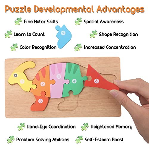MONTESSORI MAMA Puzzles for Kids Ages 3-5 Dinosaur Puzzle 5-Pack, Montessori Toys for 3 Year Olds, Toys Age 3-4 Gifts for 3 Year Old Boys Girls, Wooden Puzzles for Children