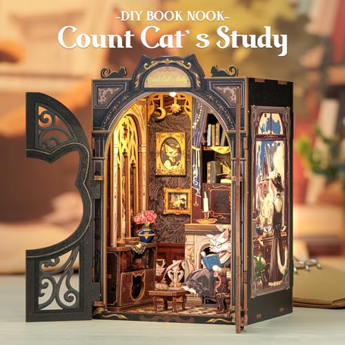 Book Nook Kit Count Cat's Study - 3D Wooden Puzzles with LED - color: Count Cat's Study