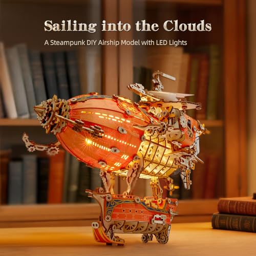 FUNPOLA LED 3D Wood Puzzle Fantasy Airship Model - Steampunk DIY Craft Kit with LED Lights – Intricate Wooden Airship Model Building Set for Adults(Orange) - color: Orange