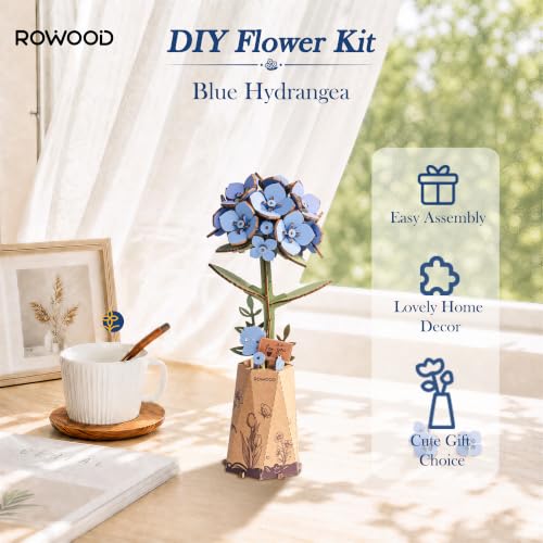 rowood 3D Puzzle Wooden Flower Craft Kits for Adults Women-Blue Hydrangea - style: Blue Hydrangea