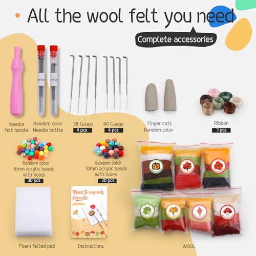 OEHPICC Needle Felting Kit, 7 Pcs Flower Bookmark Felting Kit for Adults