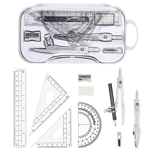 Unjoo Geometry Set 10 Pcs Student Supplies, Protractor and Compass (Grey) - color: Grey