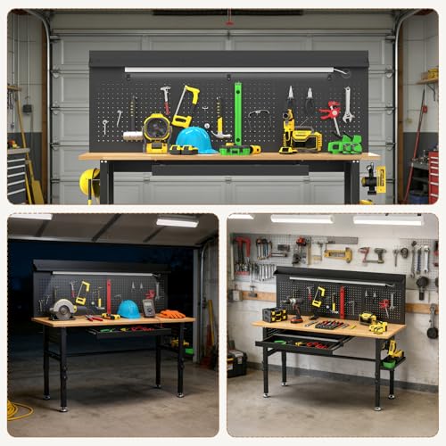 60" Solid Wood Workbench with Drawers, Power Outlet, LED Light & Pegboard - color: Black-b