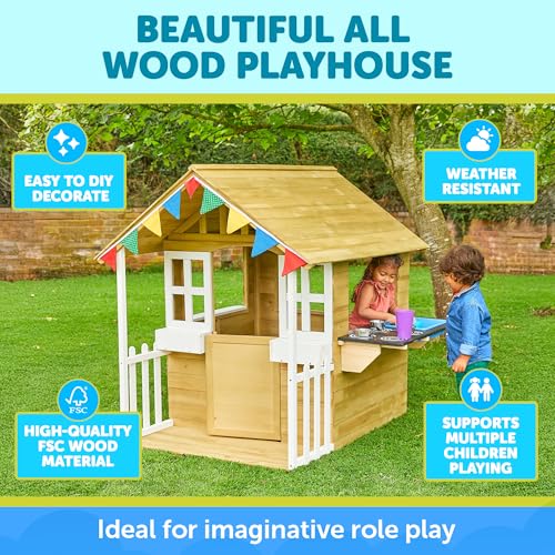TP Toys Outdoor Kids Kitchen Playset Wooden Playhouse for Kids - Toddler Pretend Play Kitchen, Accessories, Sturdy, Weatherproof, Door, Windows, Sink, Wood Burner Stencils, Easy Assembly, Ages 3+ - style: Wooden Playhouse