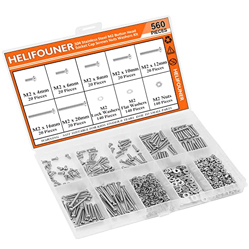 HELIFOUNER 560 Pieces M2 x 4mm /6mm /8mm /10mm /12mm /16mm /20mm, Button Head Socket Cap Screws Bolts Washers Nuts Kit, 304 Stainless Steel - size: M2, style: Button Head Socket Cap