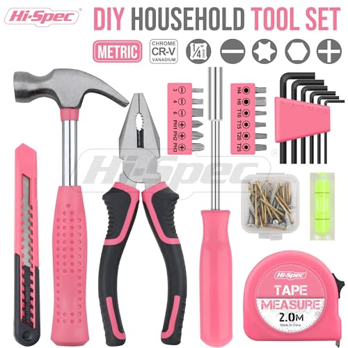 Hi-Spec Tool Set 25pc Pink Household DIY Tool Kit for Women. Small Mini Tool Box Set of Starter Basic Ladies Tools - color: Pale Pink