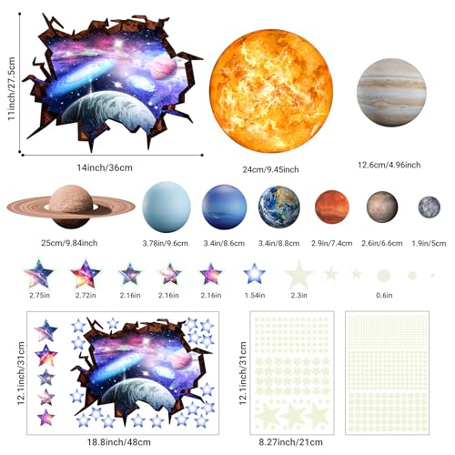Stars and Planets Wall Decals Glow in The Dark, Sun Solar System Stickers for Ceiling, Space Wall Sticker for Kids Room (Blue) - color: Sun-blue-3