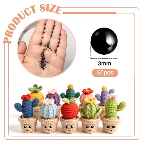 TOAOB 50pcs 3mm Black Needle Felting Glass Eyes Tiny Crocheting Eye for Crafts Dolls Decoys Sewing Plush Animals Felting Supplies - color: Black