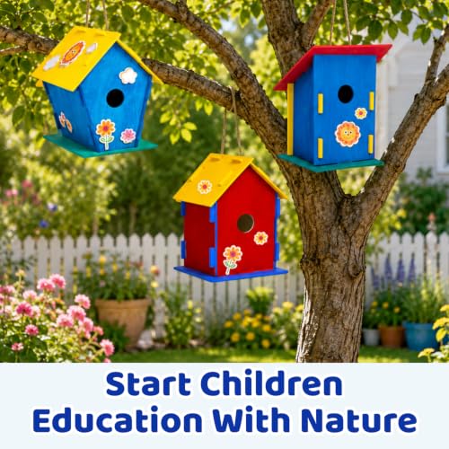 Neliblu DIY 12 Wooden Bird House Kits - Creative Arts and Crafts Set for Adults - Unfinished Wood Birdhouses with Paint Strips, Brushes, Stickers and Strings - 3 Unique Shapes, 2 Sizes