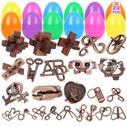 24 Pcs Brain Teaser Puzzles for Adults Teens - Metal Puzzles 3D Puzzle Game Toys for Adults Teens - Wooden Unlock Interlocking Puzzle Adult IQ Education Smart Toys - style: 24 PC