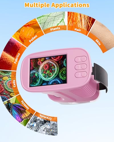 1000X Kids Handheld Microscope, 4K Digital Mini Pocket Digital Microscope with 2.4" IPS Screen, Built-in Camera & 12 Prepared Slides, STEM Educational Toy, Birthday Gift for Boys & Girls Ages 3–12 - color: Pink