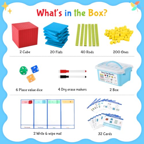 2 Set Base Ten Blocks with Place Value Chart, 308 PCS Math Manipulatives for Kindergarten 1st-3rd Grade, Counting Blocks, Plastic Math Cubes, Number Blocks for Kids Math Early Counting Learning