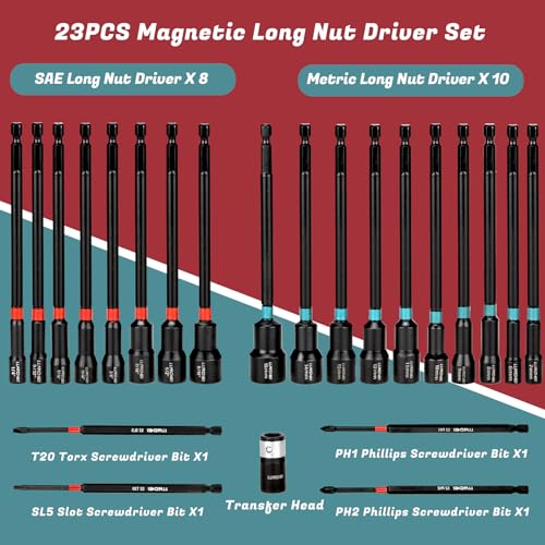 LLNDEI Magnetic Nut Driver Set 23Pcs, Metric 6-15mm & SAE 1/4"-9/16" - size: 23pcs Nut Driver Set