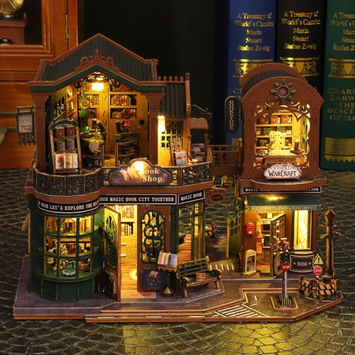 fifijoy DIY Dollhouse Miniature House Kit, Tiny House Kits Mini Doll House Model Building Sets, Wooden Miniature Kits for Adults (Magic Book City) - color: Magic Book City