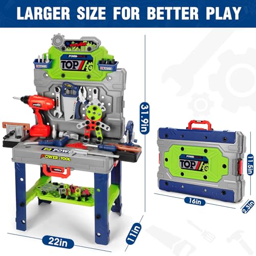 Kids Tool Bench Set with Electric Drill and Realistic Tools, Construction Workbench Playset Toy for Toddler 3-5, Easy Set up, Kids Boy Toys, Birthday Gifts for Boys Age 3 4 5 Year Old - color: Green