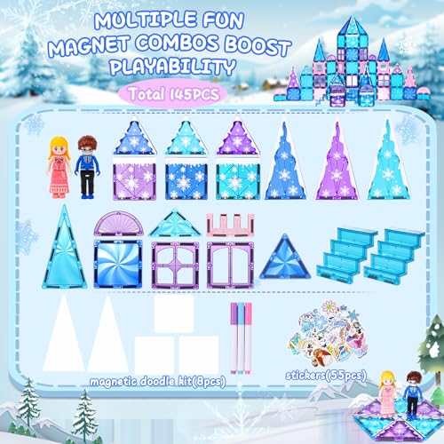 Diamond Magnetic Tiles Set 145PCS with Magnetic Doodle Kit,2 Stairs 2 Dolls