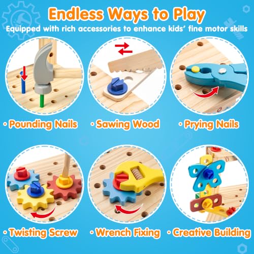 Vanmor Wooden Tool Set for Kids, 57 PCS Tabletop Building Toy with Bench