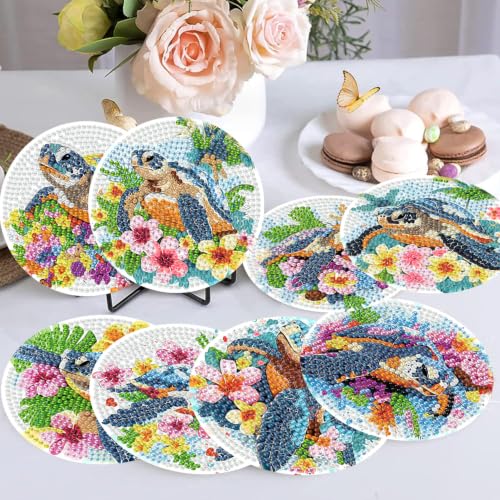 Sea Turtle Diamond Art Coasters Kit, 8 Pieces Diamond Painting Coasters Kit - color: Floral Turtle