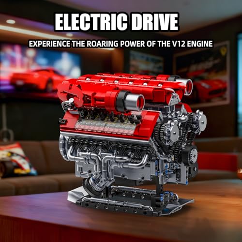 V12 Engine Model Kit That Runs, 12-Cylinder Sports Car Engine Building Set with Rechargeable Motor, Compatible with Lego for Adults, Engineering Construction STEM Toy for Teens (1607 PCS)