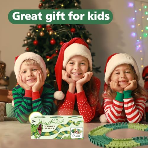 GIAT 96 Pcs Dinosaur Car Track Expansion Kit – Birthday Gift for Boys & Kids Ages 3 4 5 6 7, Compatible with Most Dino Flexible Tracks, Add-On Accessory Toy for Building Dinosaur Raceway - color: Green Dinosaur Tracks