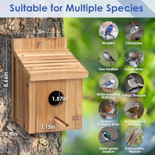 NATUREYLWL Bird House for Outside,Natural Wooden Bird Houses Outdoor,Thicken Birdhouse for Bluebird Chickadee Swallow Wren Assembly Required