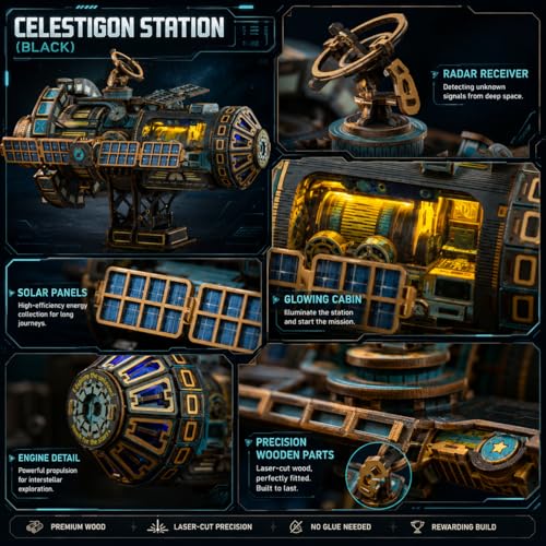 Roroom Mechanical 3D Wooden Puzzles for Adults, 511pcs Wood Building Kit - color: Celestigon Station(black)