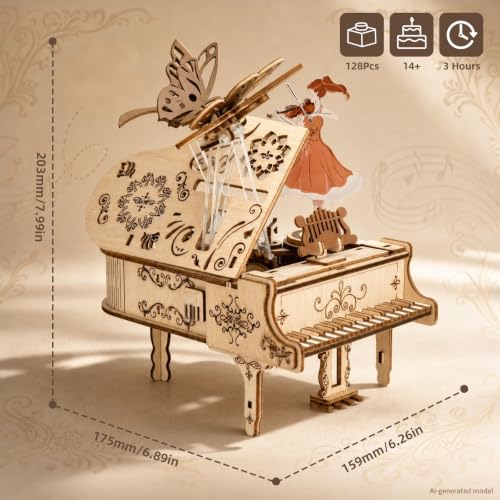 3D Puzzles for Adults Wooden Piano Box Building Sets 1:18 Scale Model Kit Music Box Construction Puzzles Unique Gift for Men Women Birthday Christmas 128 PCS