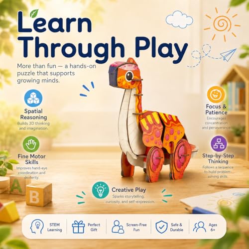 MierEdu Build 'N' Sound 3D Puzzle for Kids, Animal Puzzle with Sound Module, Educational STEM Craft Kit, FSC Paper Model Building Toy Gift for Ages 6+ - color: Brachiosaurus
