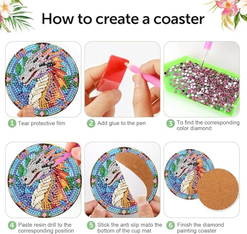 8 Pcs Diamond Art Coasters Kit for Adult with Holder, Diamond Coaster 4x4in - color: Dragon Coasters, size: 8 Pcs 4x4in