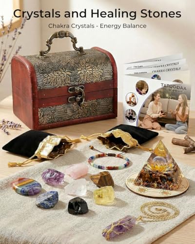 Crystals and Healing Stones Set - Chakra Crystals, Thumb Worry Stones, Golden Orgone Pyramid for Positive Energy - Flower of Life, Chakra Bracelets, 7 Chakra Stones Set, Birthday Gifts for Women - color: Colorful (Set 16)
