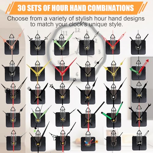 30 Pack Quartz Clock Movement Mechanism Kit, Silent Sweep Non-Ticking, 20mm Total Shaft (11mm Thread) Fits 3–6mm Dials, 30 Hand Styles, Hanging Hooks & Traceless Nails, DIY Wall Clock Repair - color: 30-pack