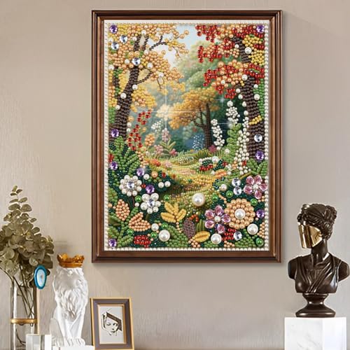 LAKEQUILL 5D DIY Partial Special Shaped Drill Pearl Diamond Art Painting Kit, Country Roads in Spring Landscape Art, Rhinestone Craft for Home Living Room Wall Decor 30x40cm