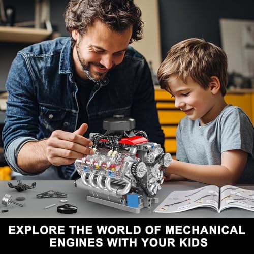 Mould King 10171 V8 Engine Model Kit that Works, 8 Cylinder Car Engine with Motor, Building Blocks Collectibles for Adults, STEM Build Set (487 Pieces) - style: V8 Engine