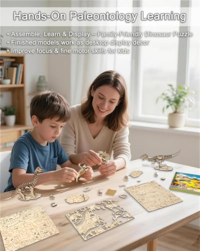 3D Wooden Dinosaur Puzzle, 4 Kits - Raptor, Pteranodon, STEM Toy 8-12