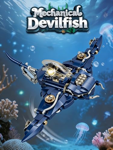 Devil Fish Building Set for Adults, Sea Ocean Animals Model Toys with Light, Compatible with Lego Fish, Ideas Fish Toys with Display Stand for Office Home Decor, for Boys Girls 8-14 - style: Devil Fish