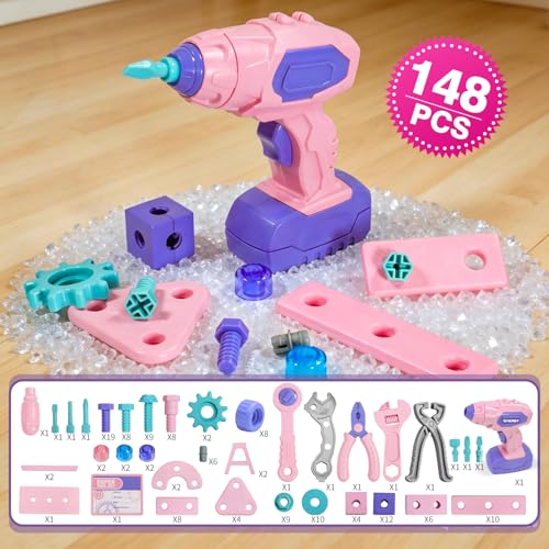 VEAIS Pink Kids Tool Set for Girls,Tool Set with Drill &Toolbox,STEM Montessori Toys for 3 4 5 Year Old,Pretend Play Kid Toy,Educational Construction Toy for 3-6 Year Old Girl,Birthday Gift for Kids - color: Kids Tool Set Toy for Girls
