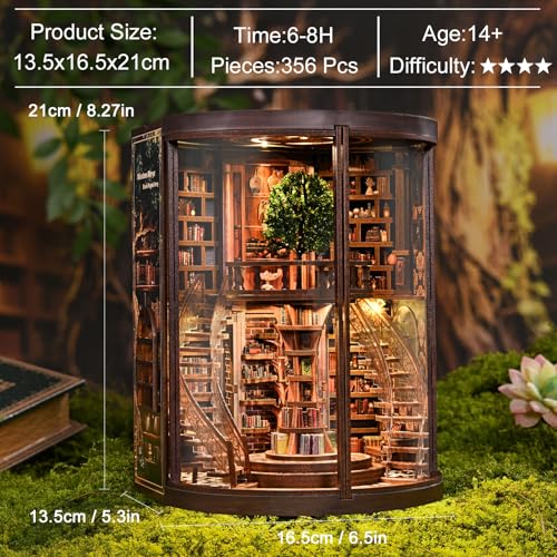 Cylinder 2-Story Book Nook Kit with Spiral Staircase, Open-Front Miniature Library, Wooden DIY Bookshelf Insert for Creative Adults & Home Décor - color: Multi-color