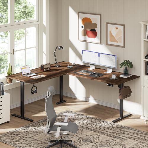 63x55 Inch L Shaped Electric Standing Desk, Corner Workstation, Dark Walnut - color: Basic-dark Walnut, size: 63x55 Inch