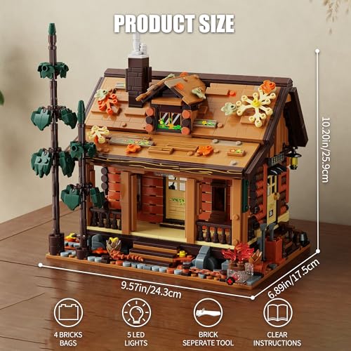 TYCOLE Wood Cabin Building Blocks Set with Lights for Adults and Girls 8-12